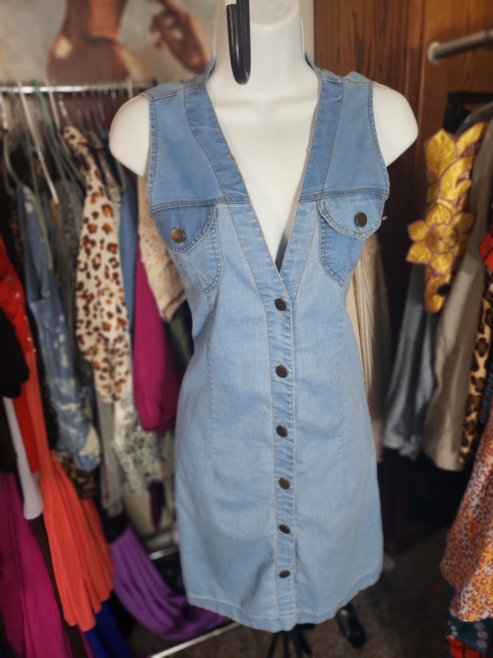 Light Blue Denim Button-Front Sleeveless Dress